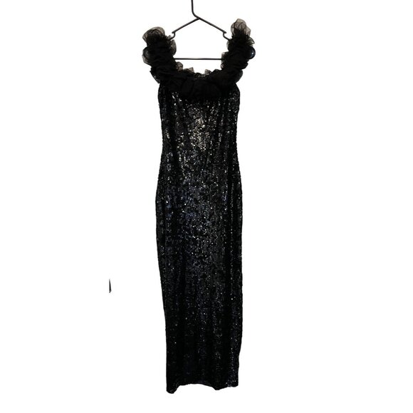 Vintage Attitudes By Debra Black Sequin Gown W/ Tulle Ruffle Neckline - Picture 3 of 7